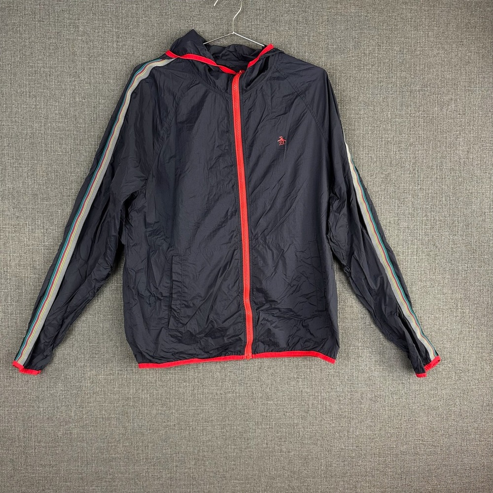 Original Penguin Windbreaker Jacket Mens M Lightweight Full Zip Striped Navy